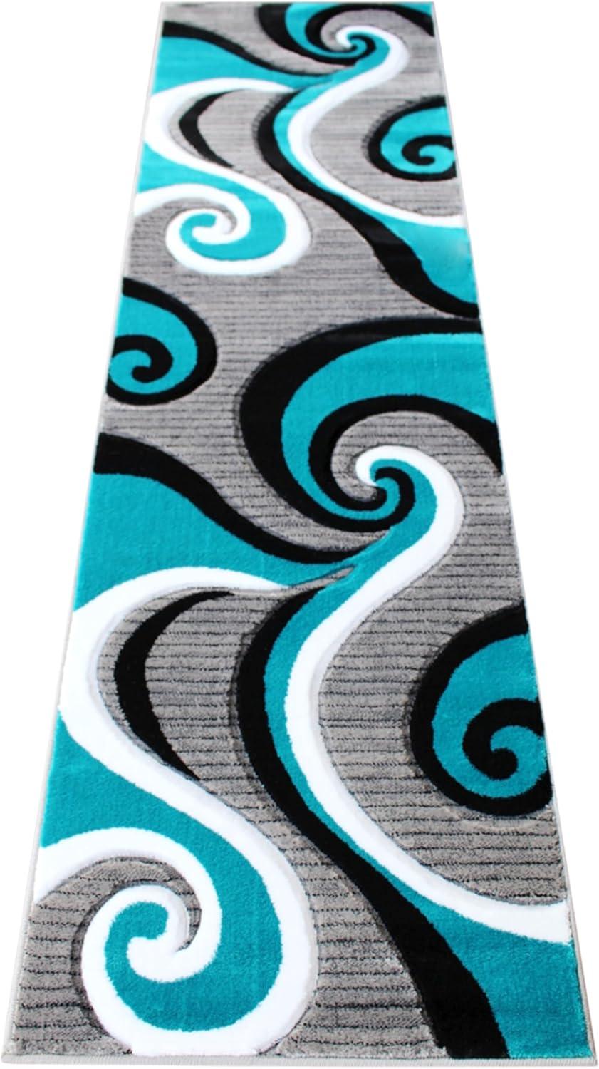 image:imageFlash Furniture Athos Collection Abstract Area Rug Sculpted HighLow Pile Turquoise Olefin Rug 3 x 16 Area Rug Jute Backing Entryway Living Room BedroomTurquoise