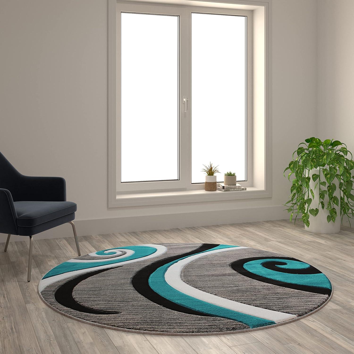 image:imageFlash Furniture Athos Collection Abstract Area Rug Sculpted HighLow Pile Turquoise Olefin Rug 3 x 16 Area Rug Jute Backing Entryway Living Room BedroomTurquoise