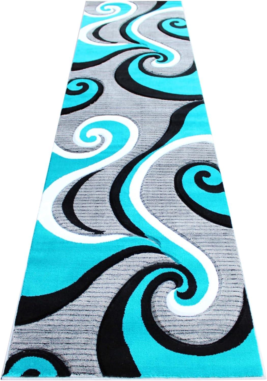 image:imageFlash Furniture Athos Collection Abstract Area Rug Sculpted HighLow Pile Turquoise Olefin Rug 3 x 16 Area Rug Jute Backing Entryway Living Room BedroomTurquoise
