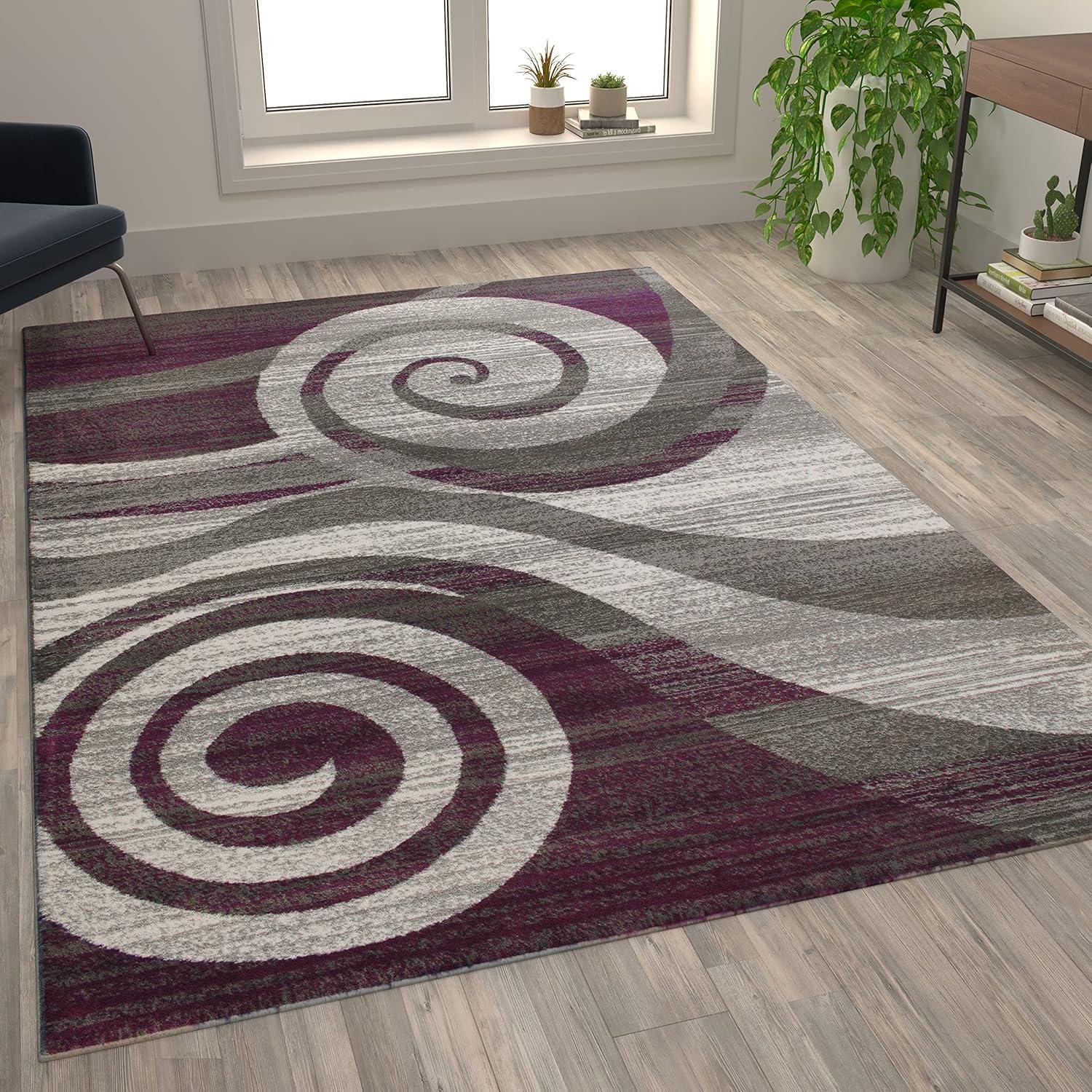 image:imageFlash Furniture Cirrus Collection Swirl Patterned Area Rug Purple Olefin Fibers with Jute Backing 5 x 7 Entryway Living Room BedroomPurple