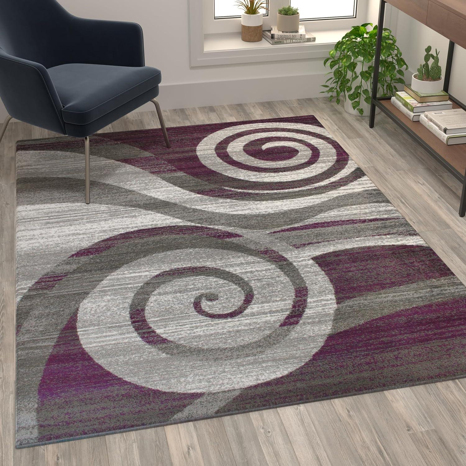 image:imageFlash Furniture Cirrus Collection Swirl Patterned Area Rug Purple Olefin Fibers with Jute Backing 5 x 7 Entryway Living Room BedroomPurple