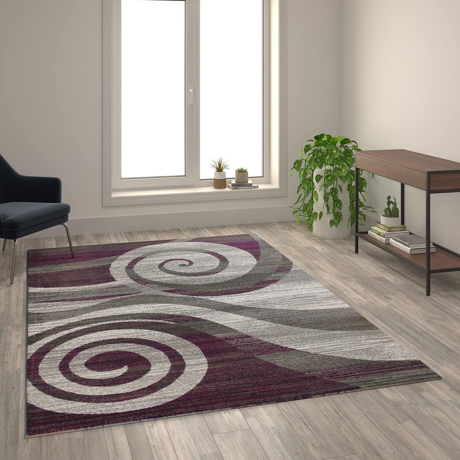 image:imageFlash Furniture Cirrus Collection Swirl Patterned Area Rug Purple Olefin Fibers with Jute Backing 5 x 7 Entryway Living Room BedroomPurple