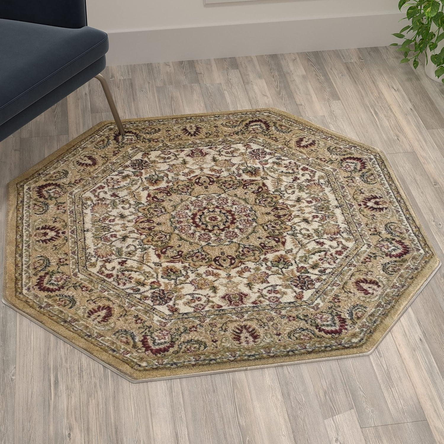 image:imageFlash Furniture Mersin Collection Persian Style Area Rug Olefin Black NonShedding Fibers 4 x 4 Octagon Jute Backing Hallway Entryway Bedroom Living RoomIvory