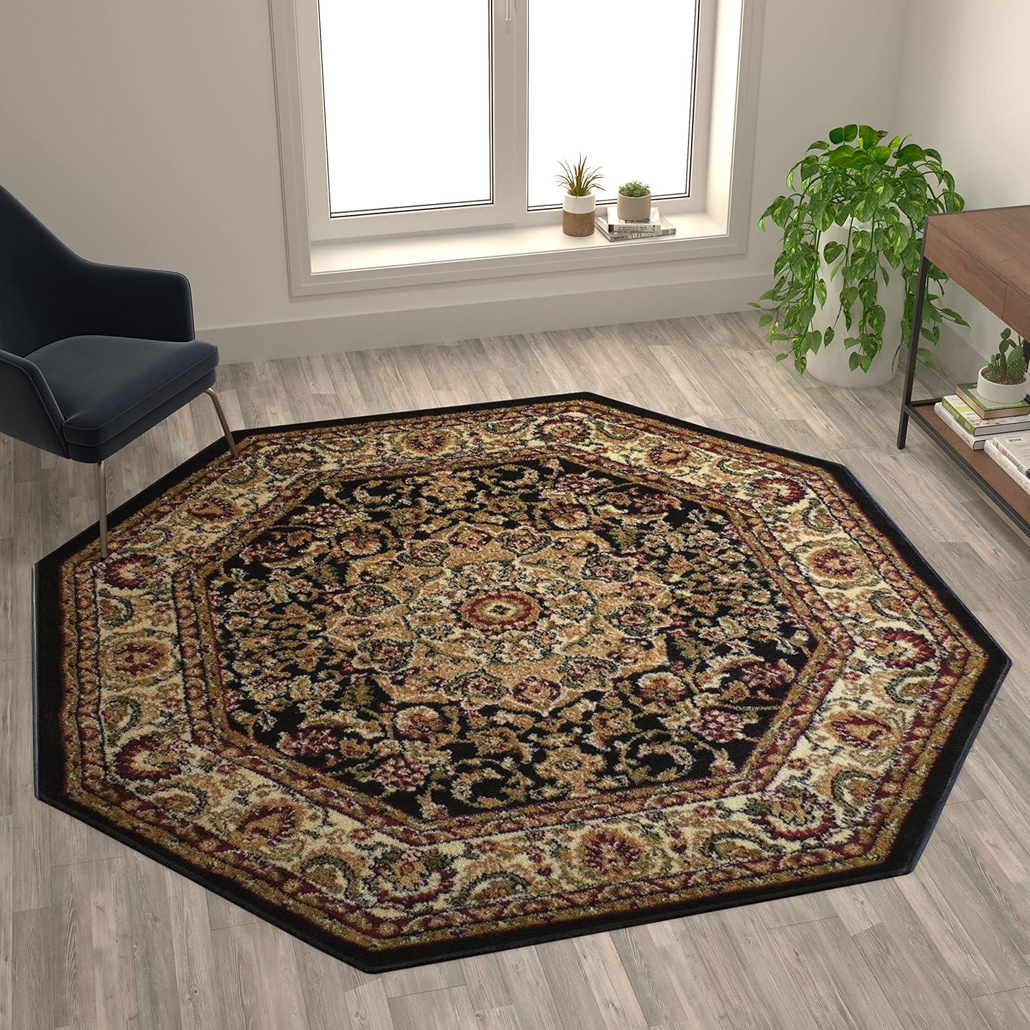 image:imageFlash Furniture Mersin Collection Persian Style Area Rug Olefin Black NonShedding Fibers 4 x 4 Octagon Jute Backing Hallway Entryway Bedroom Living RoomBlack