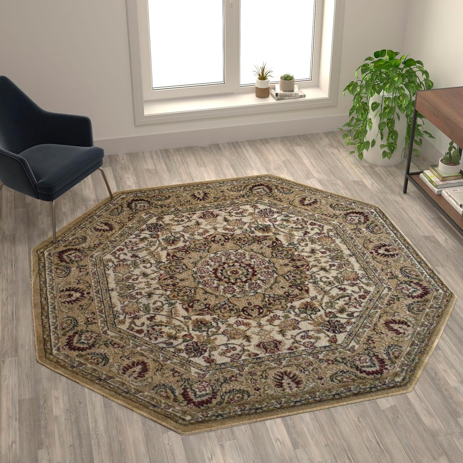 image:imageFlash Furniture Mersin Collection Persian Style Area Rug Olefin Black NonShedding Fibers 4 x 4 Octagon Jute Backing Hallway Entryway Bedroom Living RoomIvory
