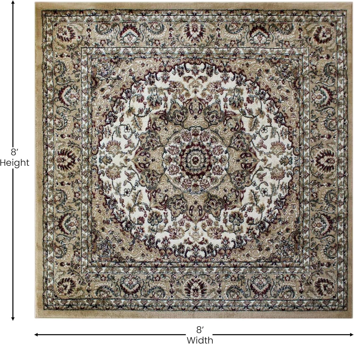 image:imageFlash Furniture Mersin Collection Persian Style Area Rug Olefin Black NonShedding Fibers 4 x 4 Octagon Jute Backing Hallway Entryway Bedroom Living RoomIvory