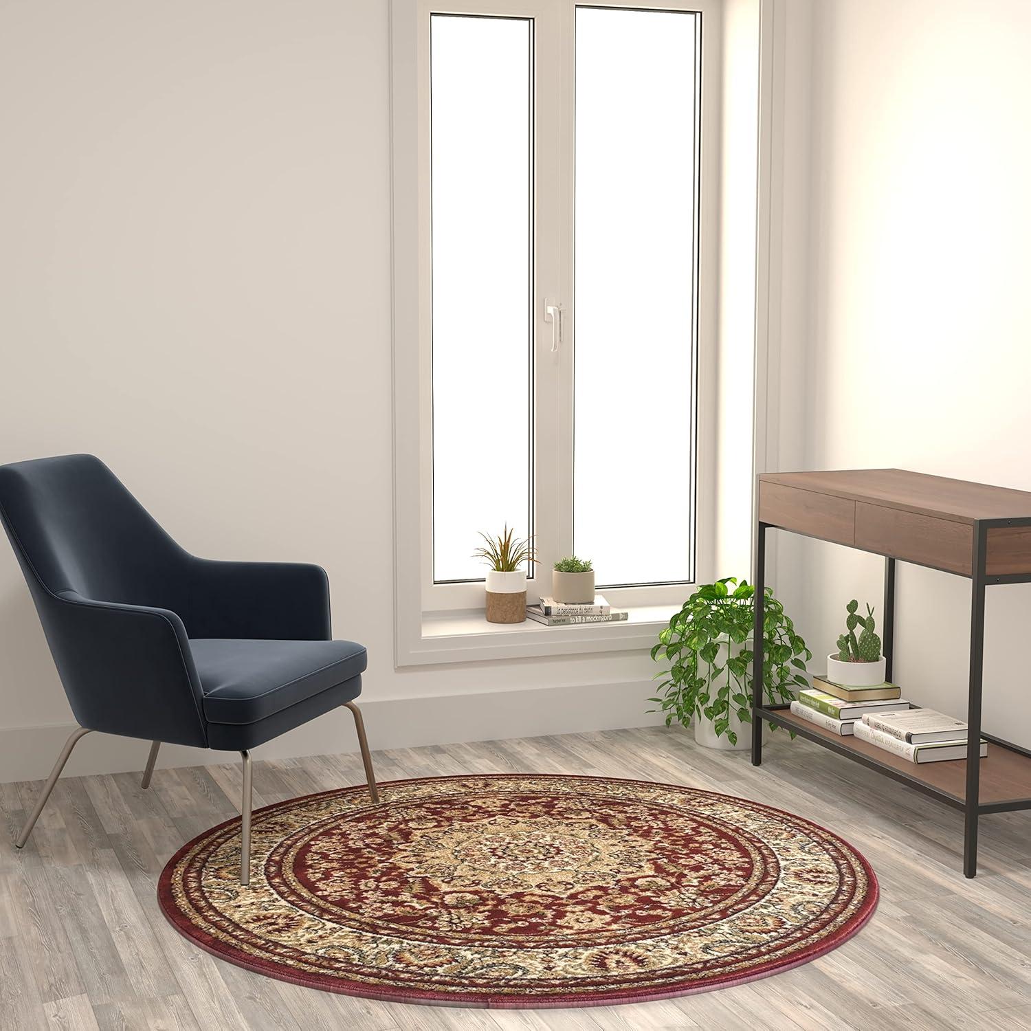 image:imageFlash Furniture Mersin Collection Persian Style Area Rug Olefin Black NonShedding Fibers 4 x 4 Octagon Jute Backing Hallway Entryway Bedroom Living RoomBurgundy