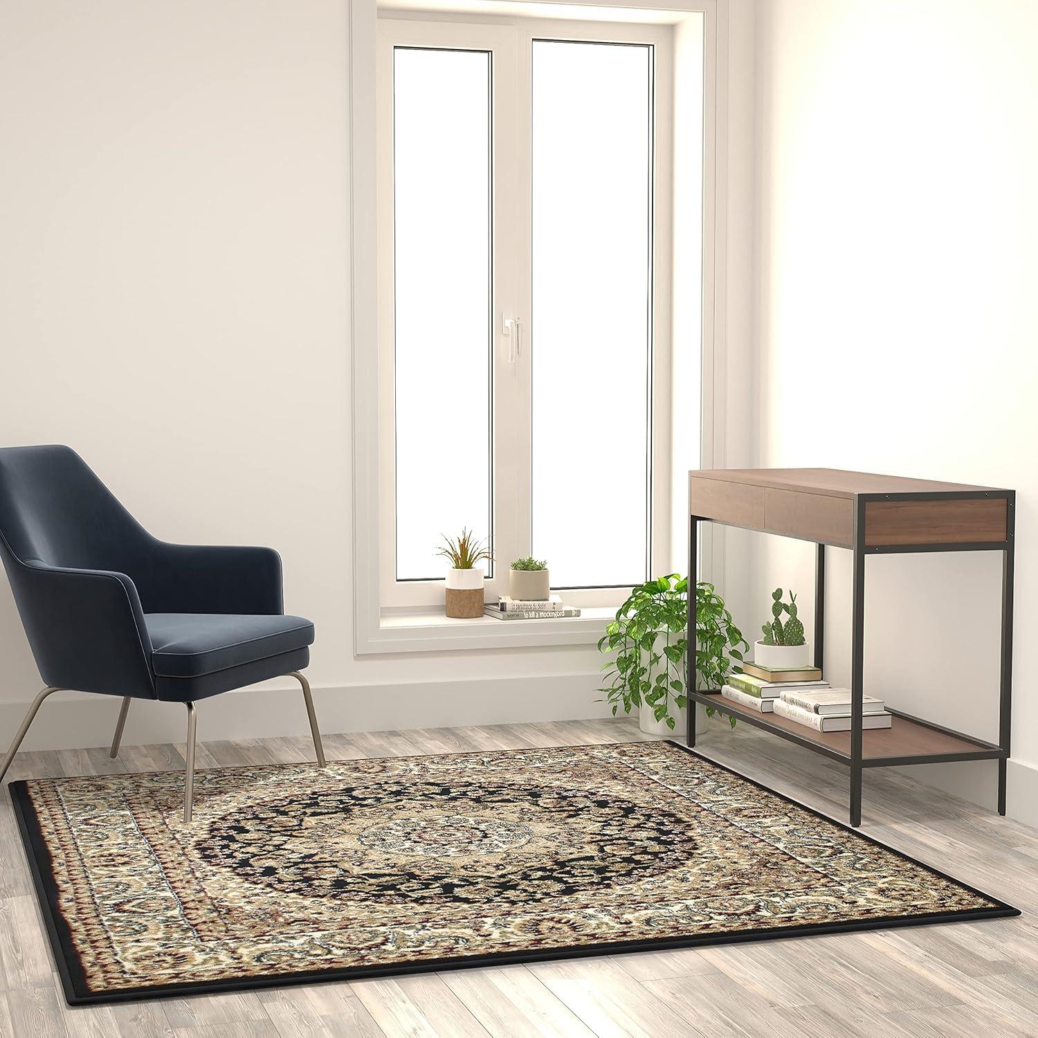 image:imageFlash Furniture Mersin Collection Persian Style Area Rug Olefin Black NonShedding Fibers 4 x 4 Octagon Jute Backing Hallway Entryway Bedroom Living RoomBlack