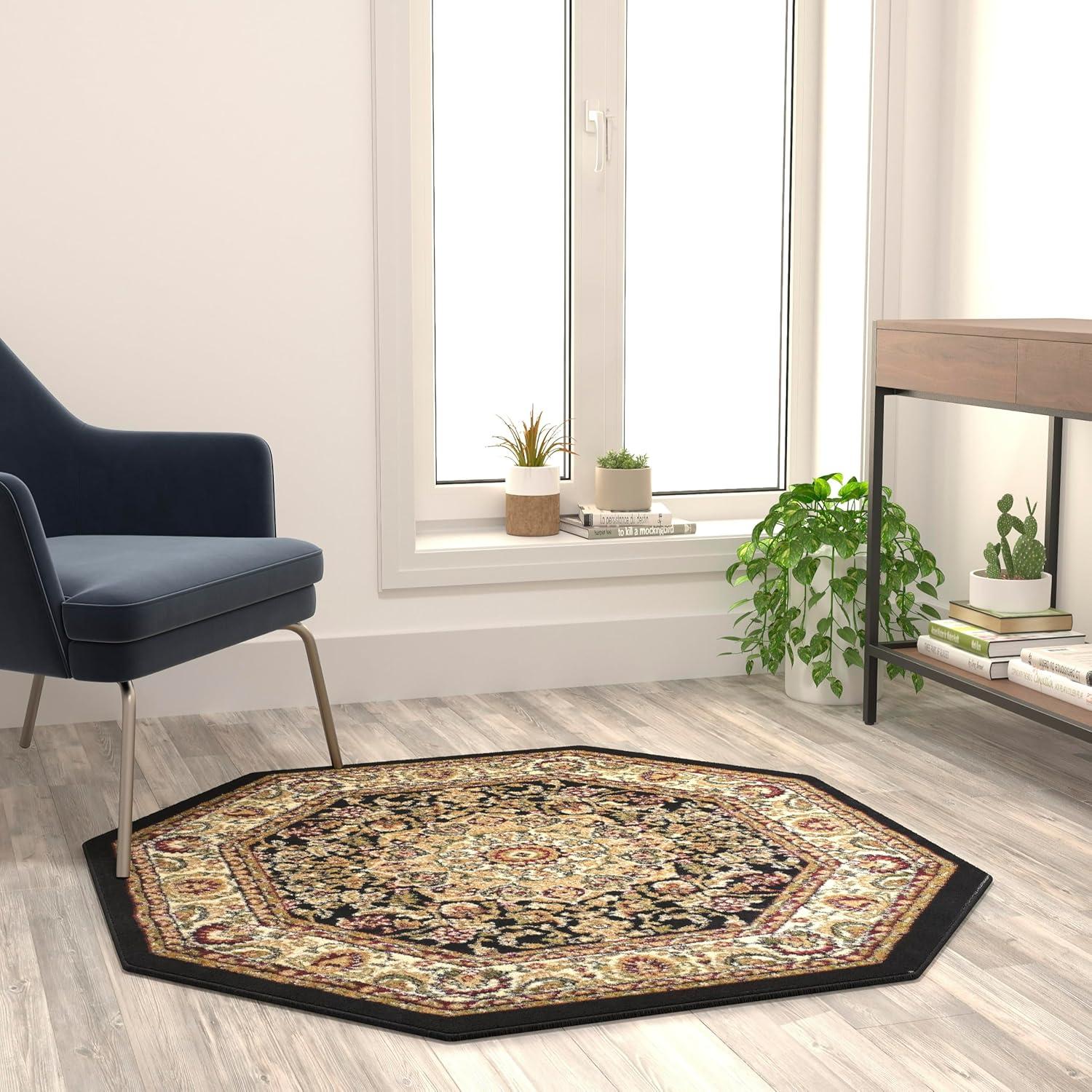 image:imageFlash Furniture Mersin Collection Persian Style Area Rug Olefin Black NonShedding Fibers 4 x 4 Octagon Jute Backing Hallway Entryway Bedroom Living RoomBlack