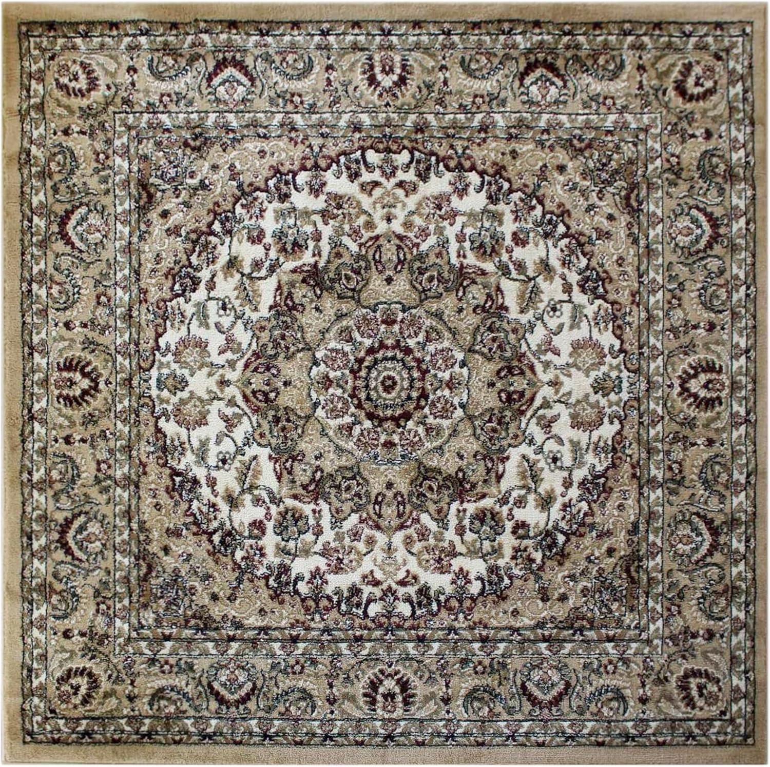 image:imageFlash Furniture Mersin Collection Persian Style Area Rug Olefin Black NonShedding Fibers 4 x 4 Octagon Jute Backing Hallway Entryway Bedroom Living RoomIvory