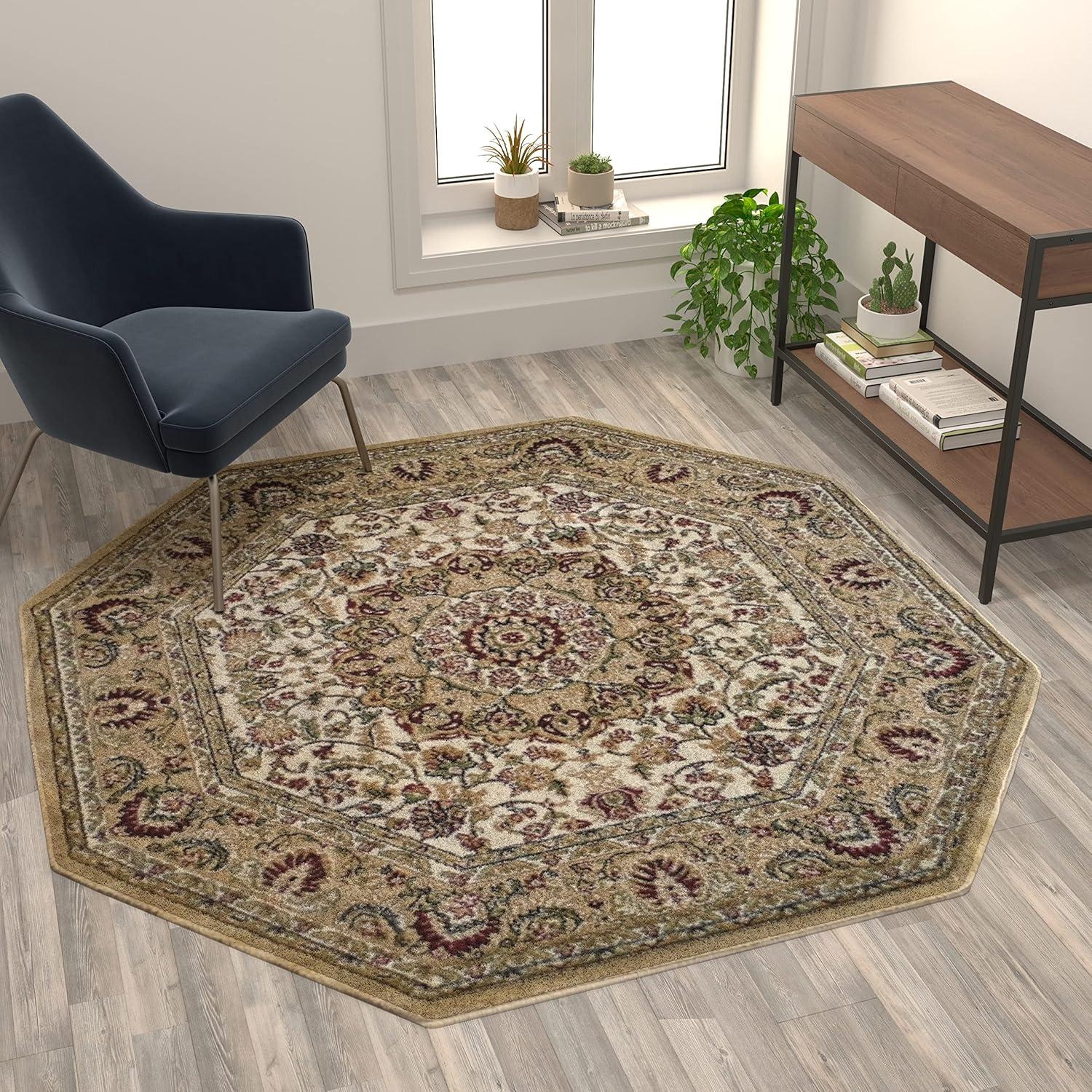 image:imageFlash Furniture Mersin Collection Persian Style Area Rug Olefin Black NonShedding Fibers 4 x 4 Octagon Jute Backing Hallway Entryway Bedroom Living RoomIvory