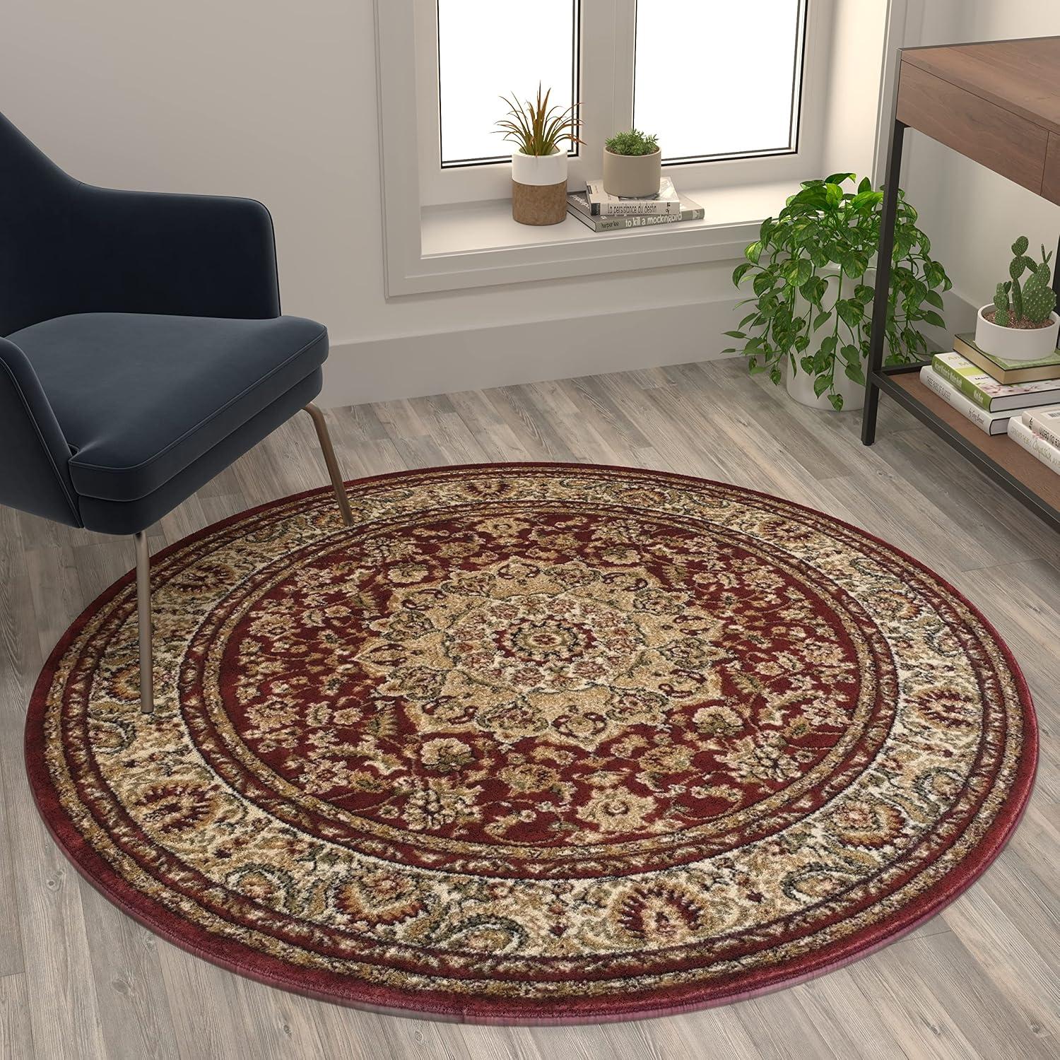 image:imageFlash Furniture Mersin Collection Persian Style Area Rug Olefin Black NonShedding Fibers 4 x 4 Octagon Jute Backing Hallway Entryway Bedroom Living RoomBurgundy