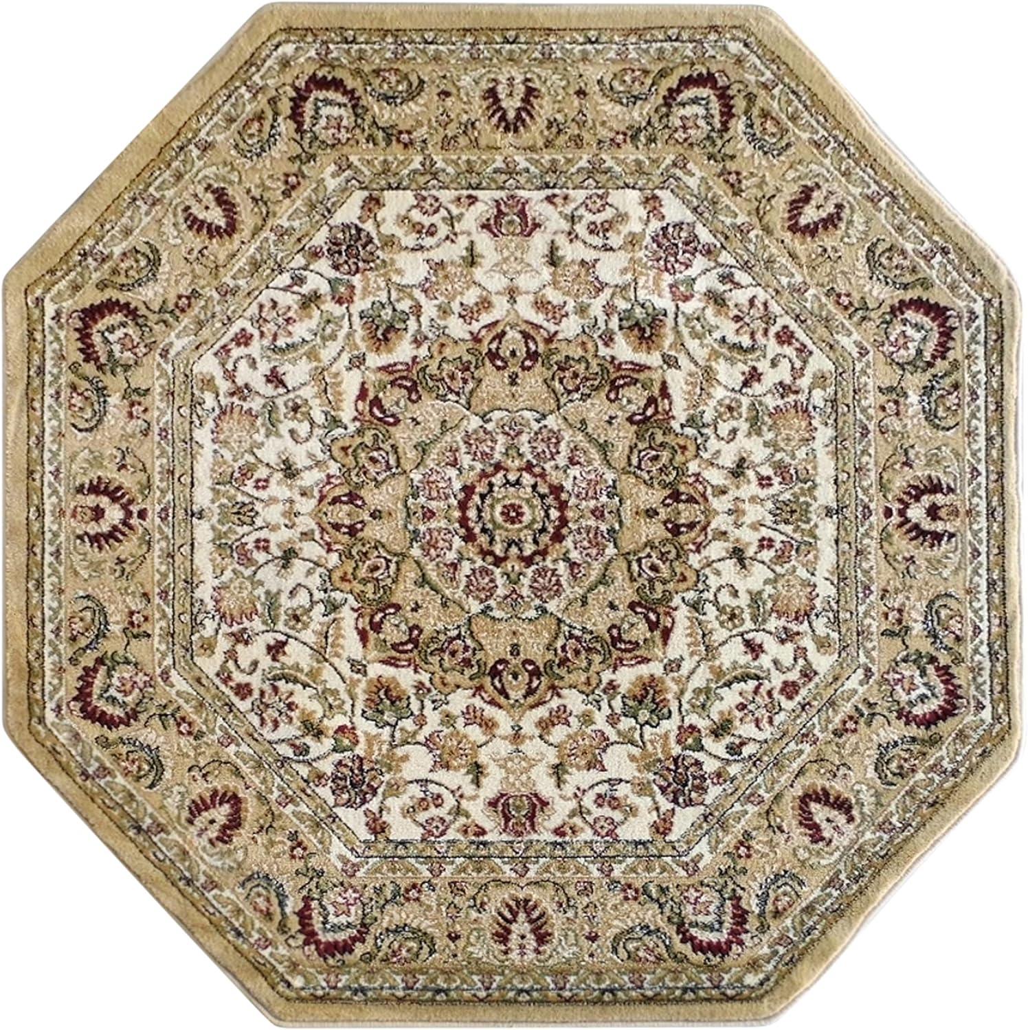 image:imageFlash Furniture Mersin Collection Persian Style Area Rug Olefin Black NonShedding Fibers 4 x 4 Octagon Jute Backing Hallway Entryway Bedroom Living RoomIvory