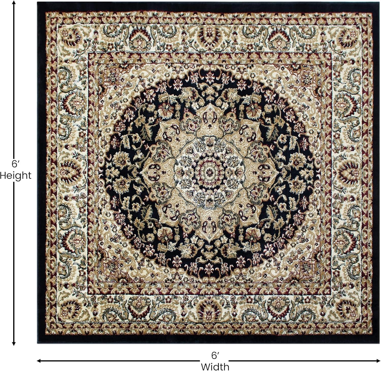 image:imageFlash Furniture Mersin Collection Persian Style Area Rug Olefin Black NonShedding Fibers 4 x 4 Octagon Jute Backing Hallway Entryway Bedroom Living RoomBlack