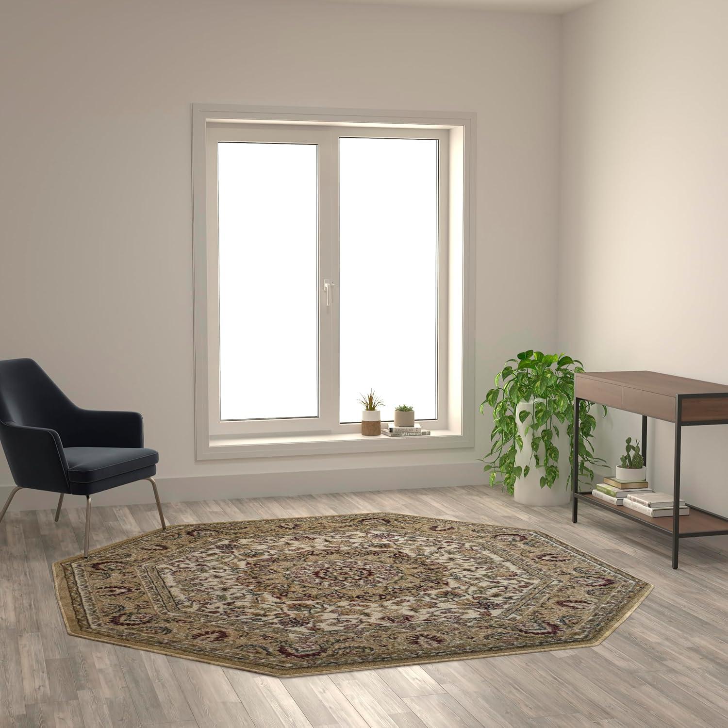 image:imageFlash Furniture Mersin Collection Persian Style Area Rug Olefin Black NonShedding Fibers 4 x 4 Octagon Jute Backing Hallway Entryway Bedroom Living RoomIvory