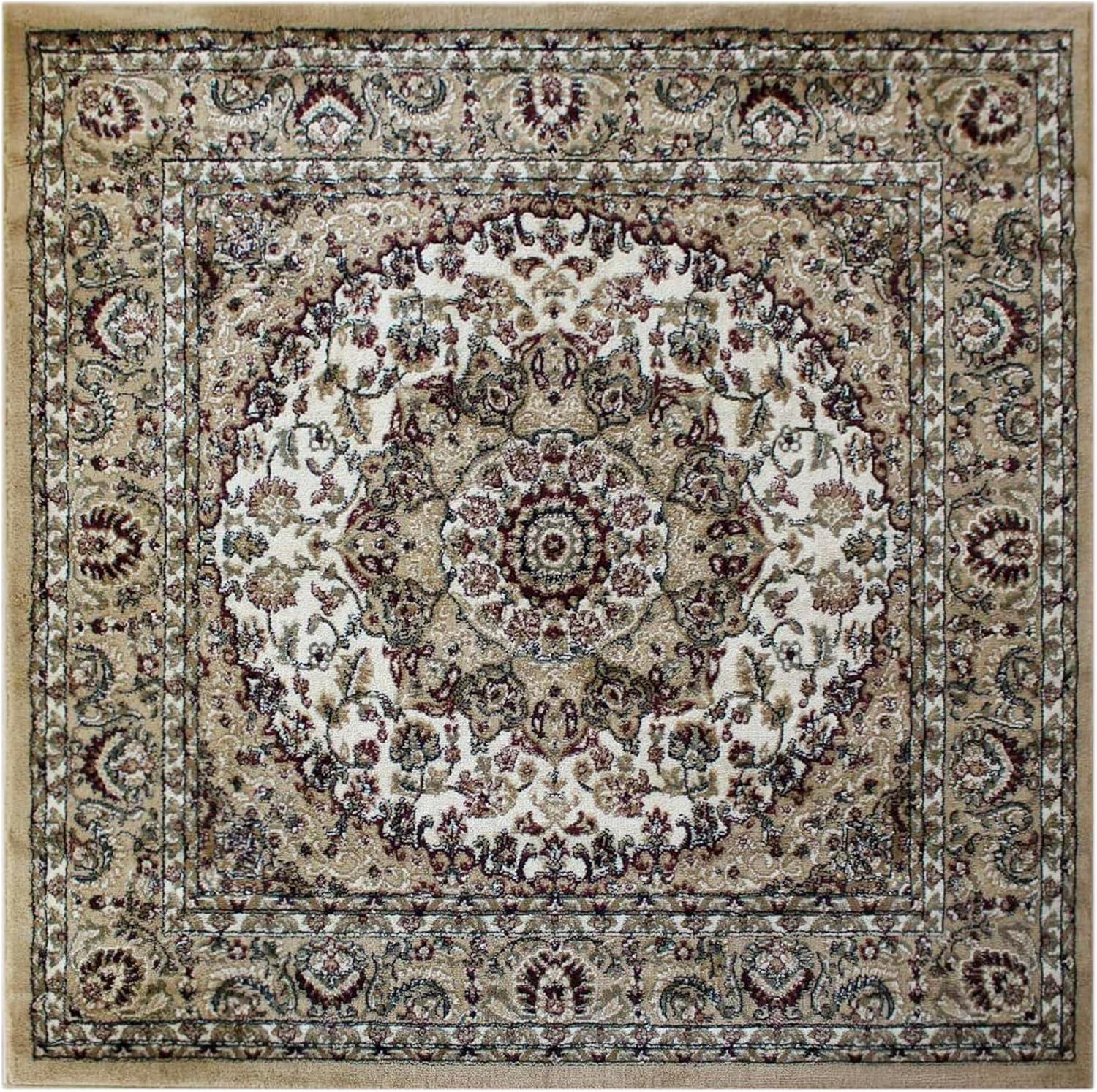 image:imageFlash Furniture Mersin Collection Persian Style Area Rug Olefin Black NonShedding Fibers 4 x 4 Octagon Jute Backing Hallway Entryway Bedroom Living RoomIvory