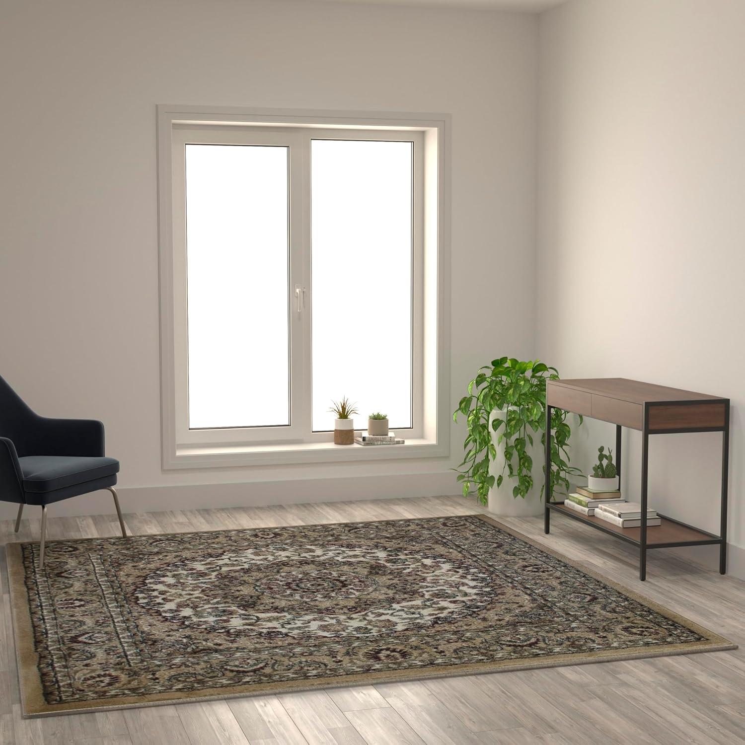 image:imageFlash Furniture Mersin Collection Persian Style Area Rug Olefin Black NonShedding Fibers 4 x 4 Octagon Jute Backing Hallway Entryway Bedroom Living RoomIvory