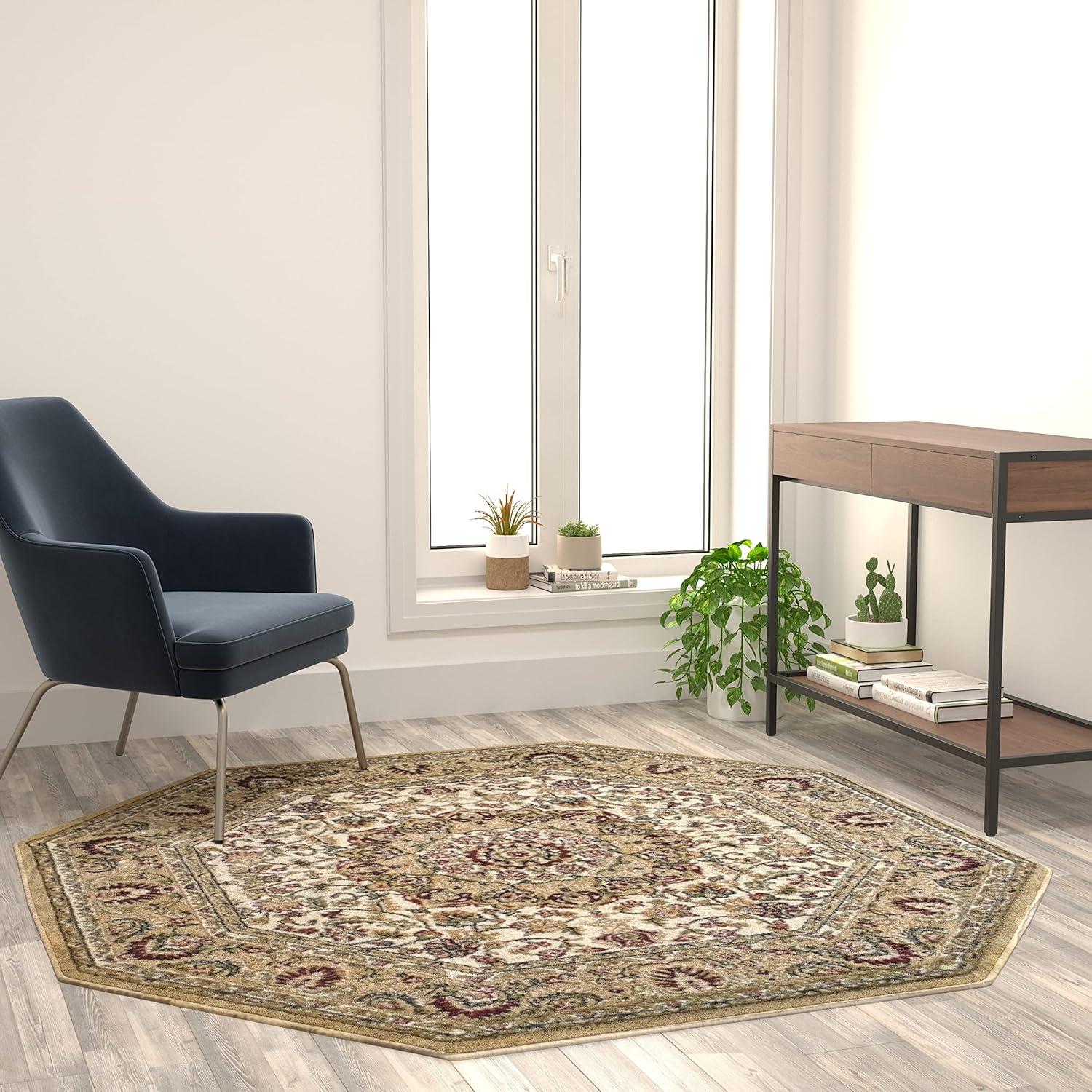 image:imageFlash Furniture Mersin Collection Persian Style Area Rug Olefin Black NonShedding Fibers 4 x 4 Octagon Jute Backing Hallway Entryway Bedroom Living RoomIvory