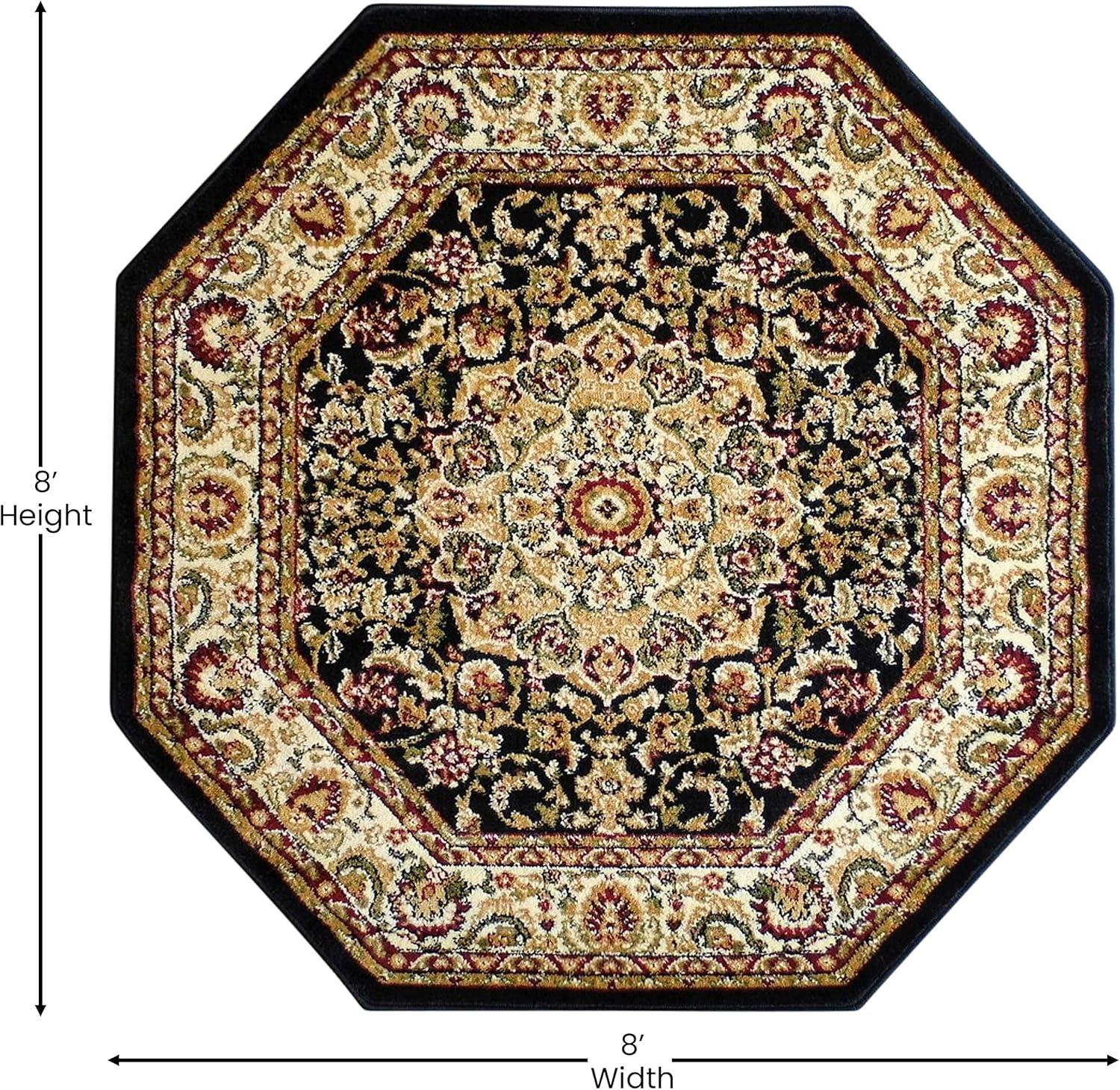 image:imageFlash Furniture Mersin Collection Persian Style Area Rug Olefin Black NonShedding Fibers 4 x 4 Octagon Jute Backing Hallway Entryway Bedroom Living RoomBlack