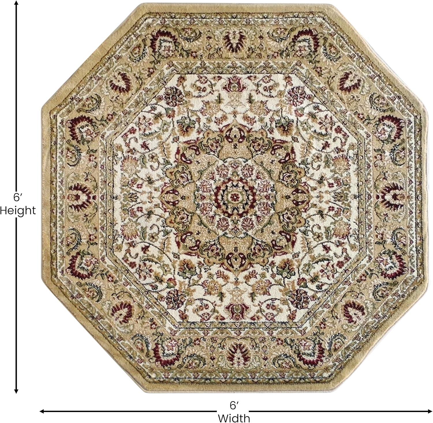 image:imageFlash Furniture Mersin Collection Persian Style Area Rug Olefin Black NonShedding Fibers 4 x 4 Octagon Jute Backing Hallway Entryway Bedroom Living RoomIvory