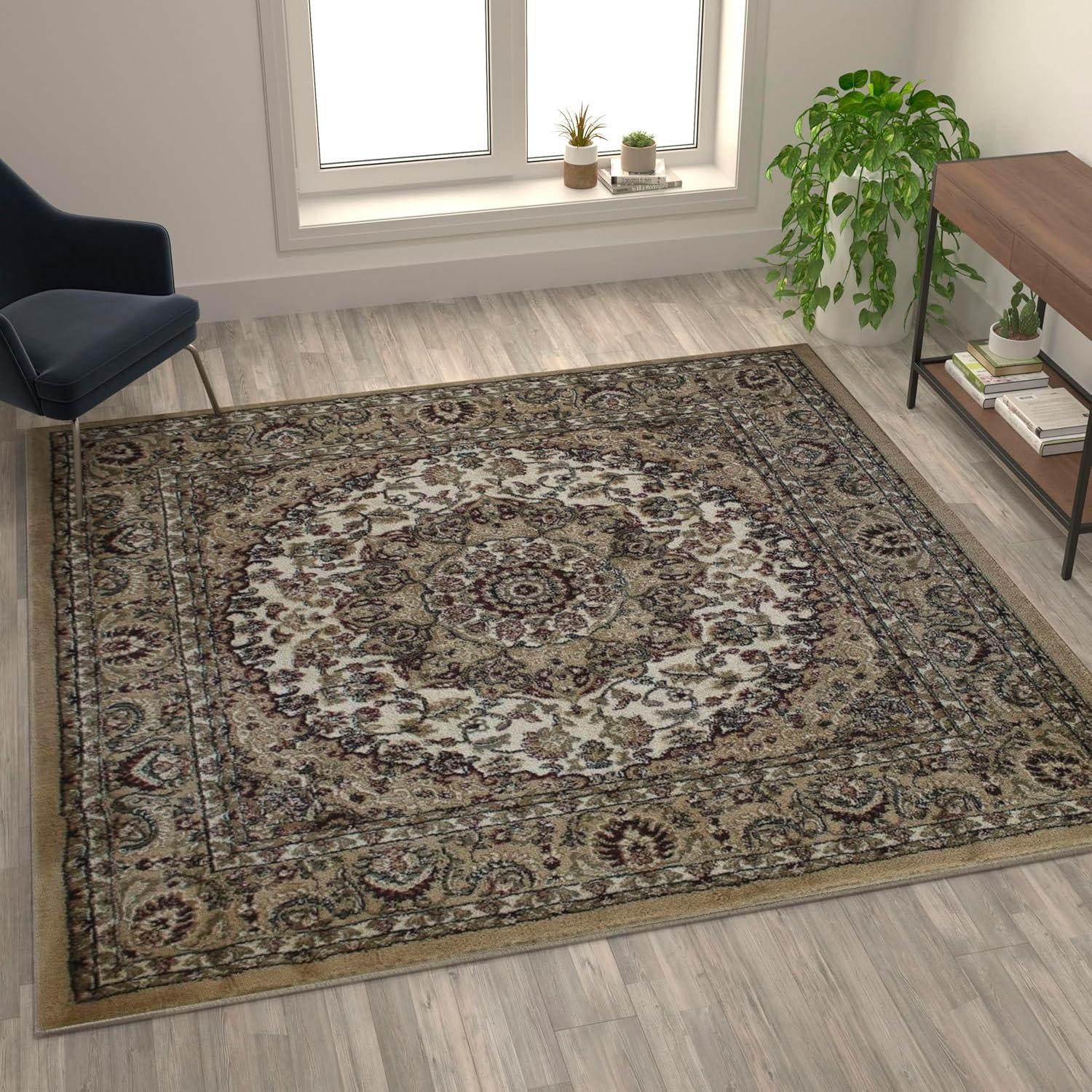image:imageFlash Furniture Mersin Collection Persian Style Area Rug Olefin Black NonShedding Fibers 4 x 4 Octagon Jute Backing Hallway Entryway Bedroom Living RoomIvory