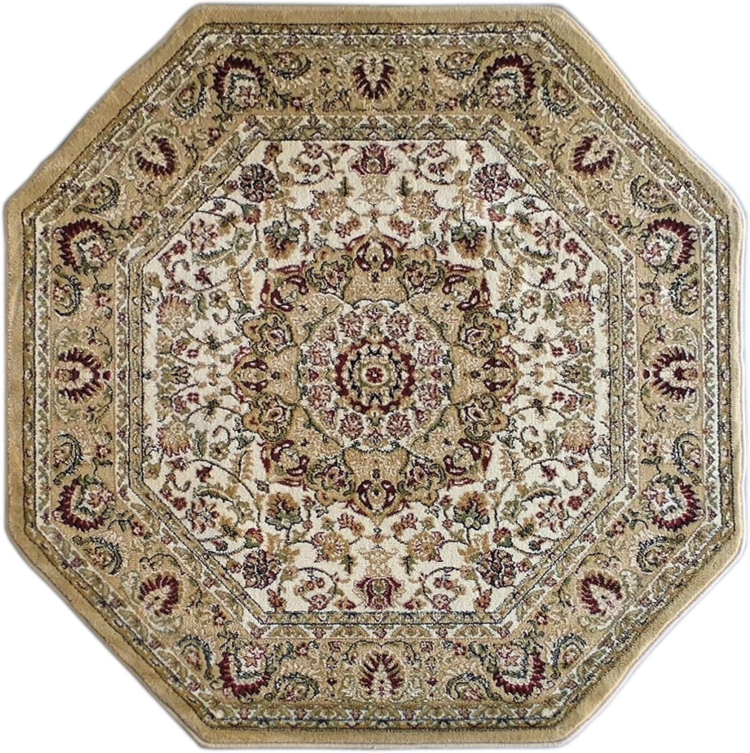 image:imageFlash Furniture Mersin Collection Persian Style Area Rug Olefin Black NonShedding Fibers 4 x 4 Octagon Jute Backing Hallway Entryway Bedroom Living RoomIvory