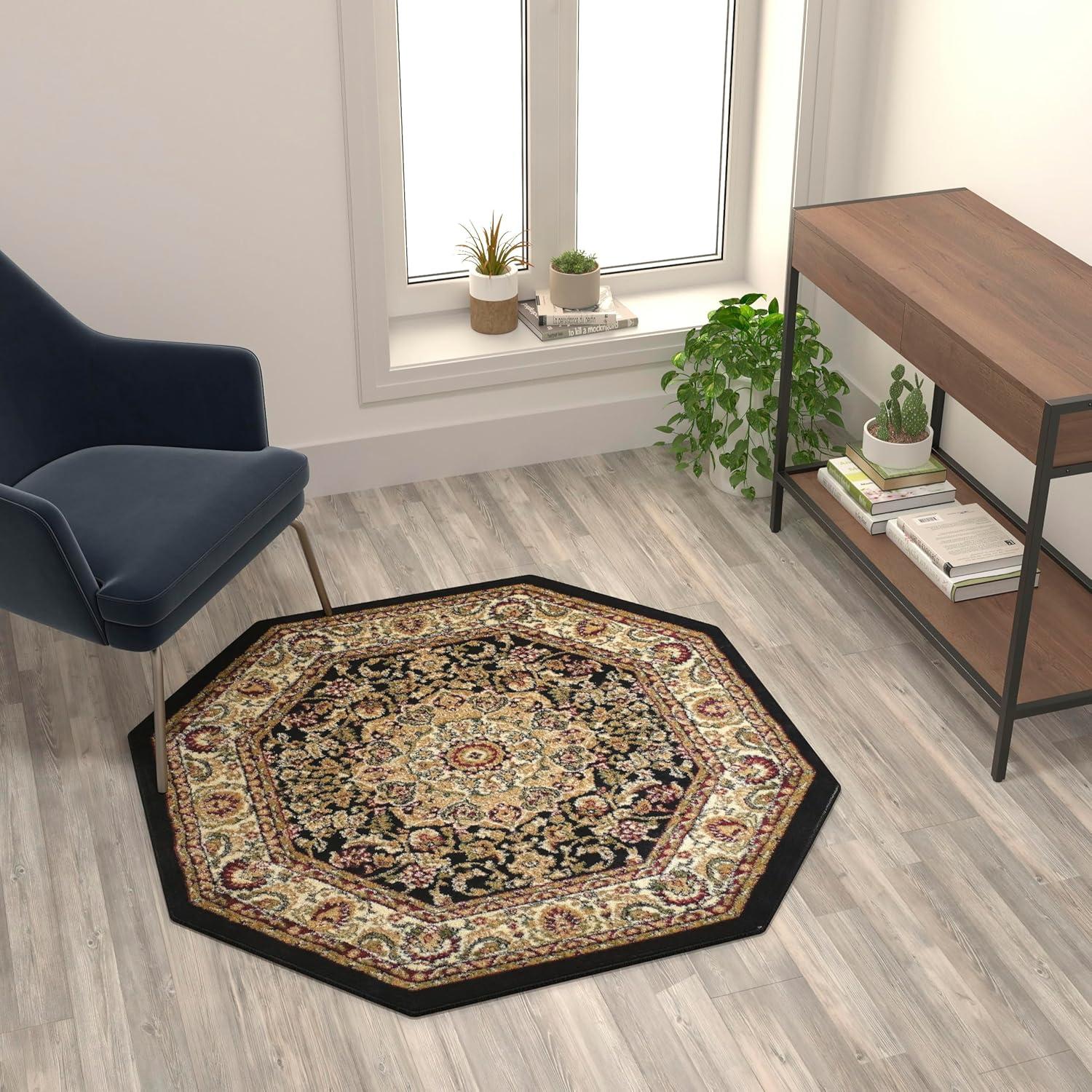 image:imageFlash Furniture Mersin Collection Persian Style Area Rug Olefin Black NonShedding Fibers 4 x 4 Octagon Jute Backing Hallway Entryway Bedroom Living RoomBlack