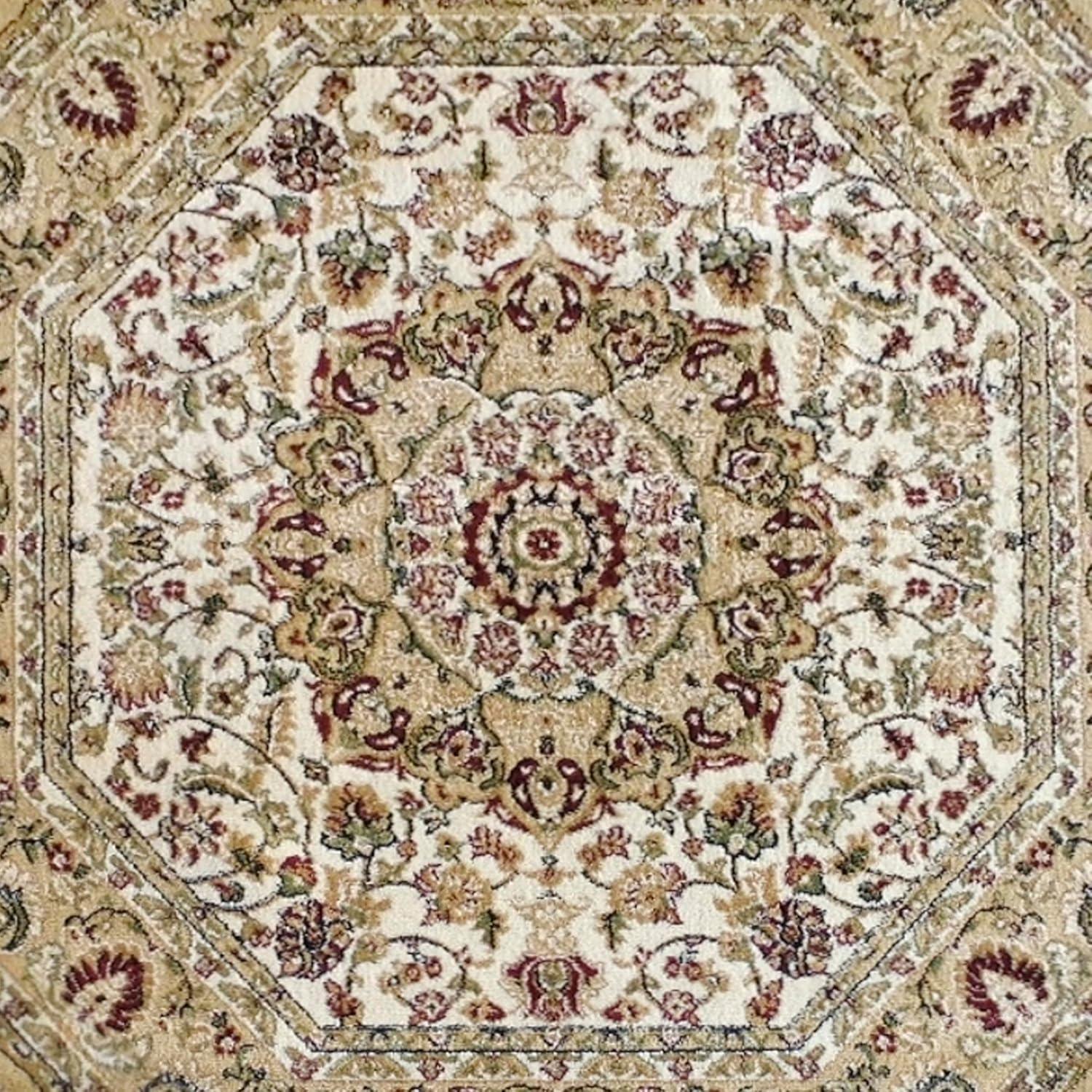 image:imageFlash Furniture Mersin Collection Persian Style Area Rug Olefin Black NonShedding Fibers 4 x 4 Octagon Jute Backing Hallway Entryway Bedroom Living RoomIvory