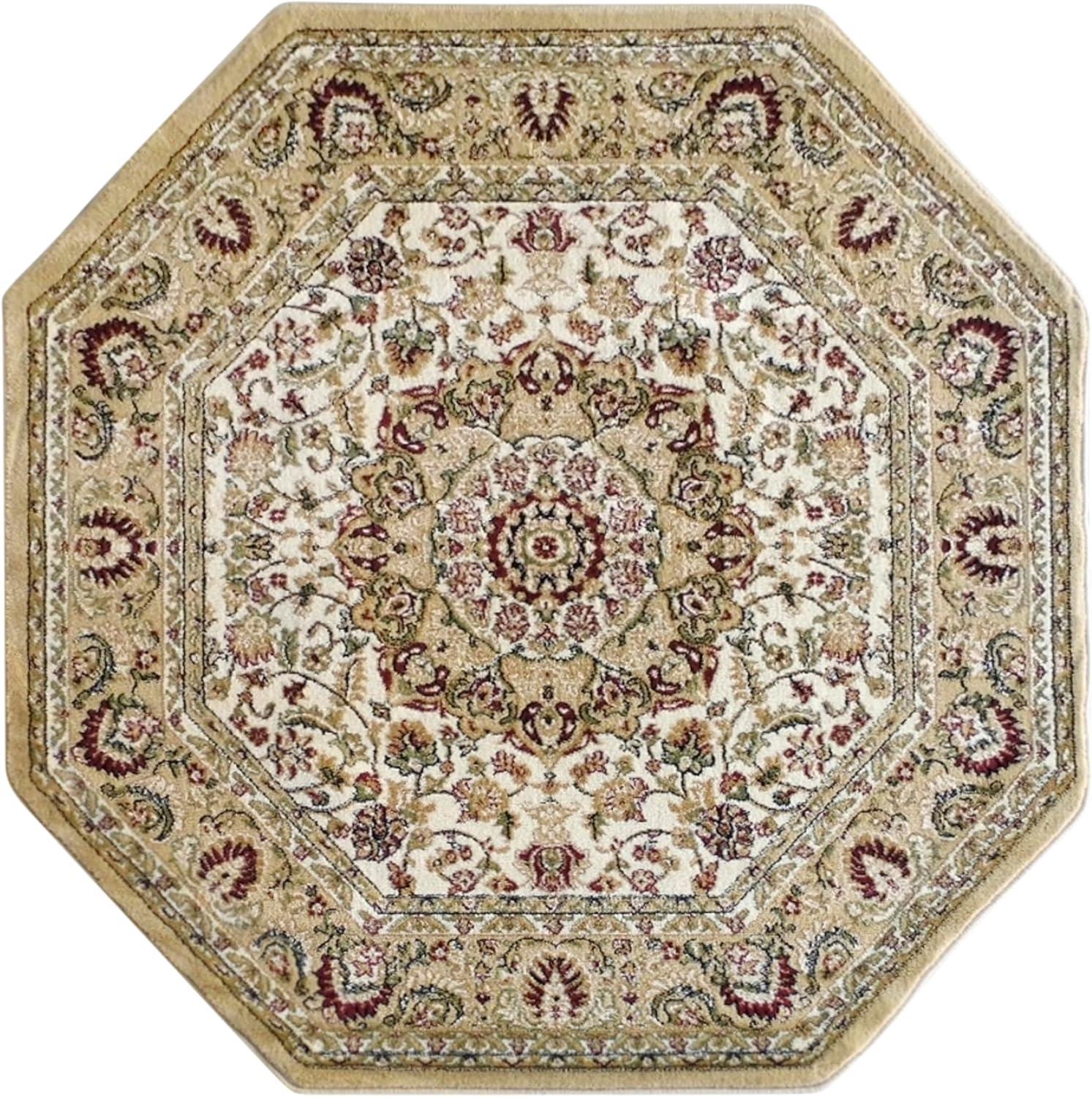 image:imageFlash Furniture Mersin Collection Persian Style Area Rug Olefin Black NonShedding Fibers 4 x 4 Octagon Jute Backing Hallway Entryway Bedroom Living RoomIvory