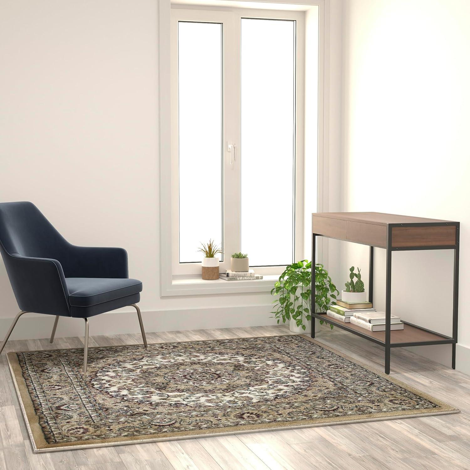 image:imageFlash Furniture Mersin Collection Persian Style Area Rug Olefin Black NonShedding Fibers 4 x 4 Octagon Jute Backing Hallway Entryway Bedroom Living RoomIvory