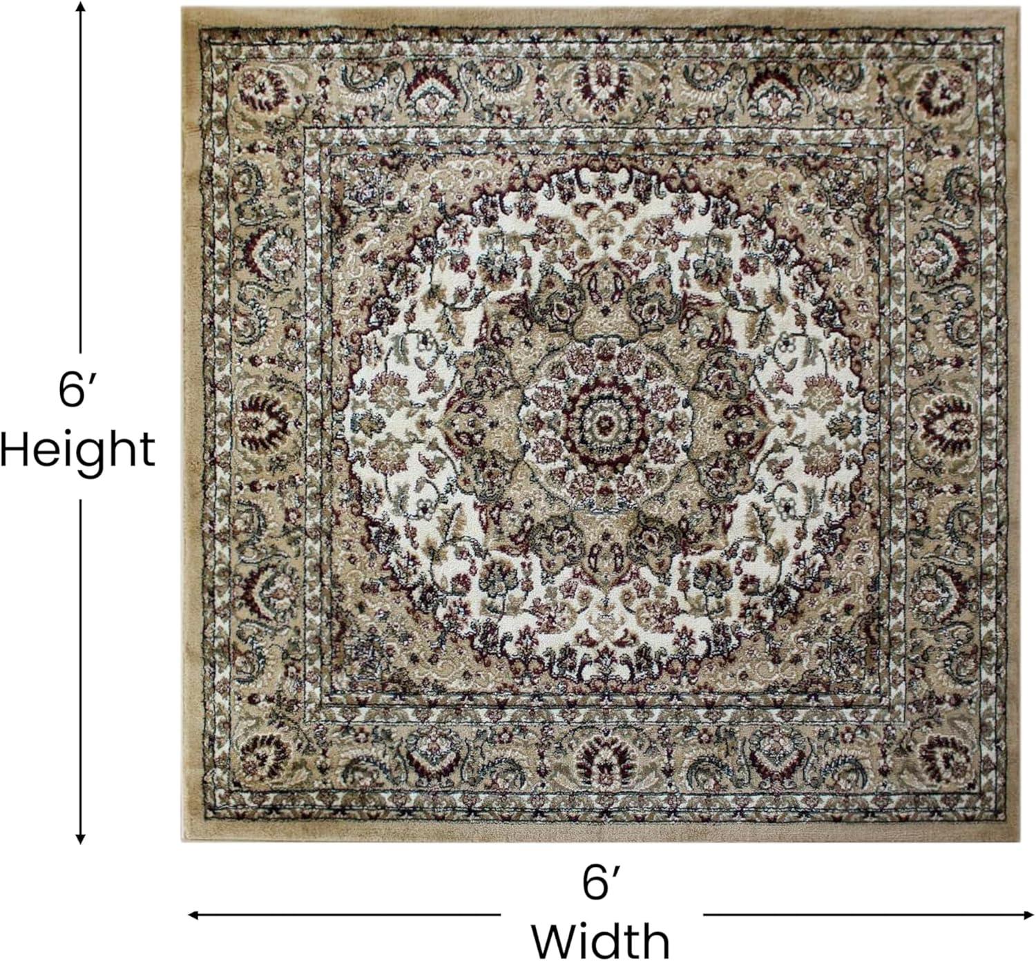 image:imageFlash Furniture Mersin Collection Persian Style Area Rug Olefin Black NonShedding Fibers 4 x 4 Octagon Jute Backing Hallway Entryway Bedroom Living RoomIvory