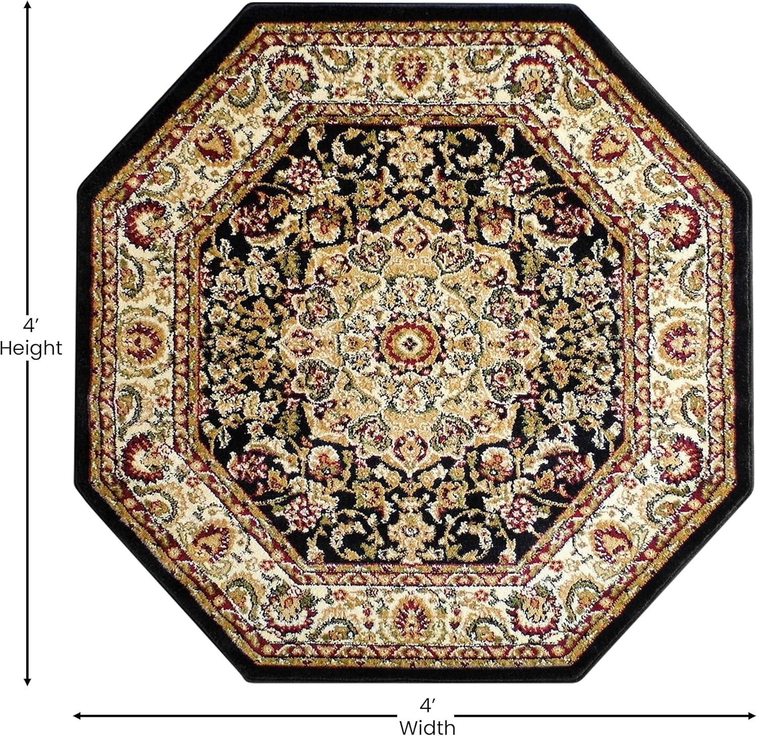 image:imageFlash Furniture Mersin Collection Persian Style Area Rug Olefin Black NonShedding Fibers 4 x 4 Octagon Jute Backing Hallway Entryway Bedroom Living RoomBlack