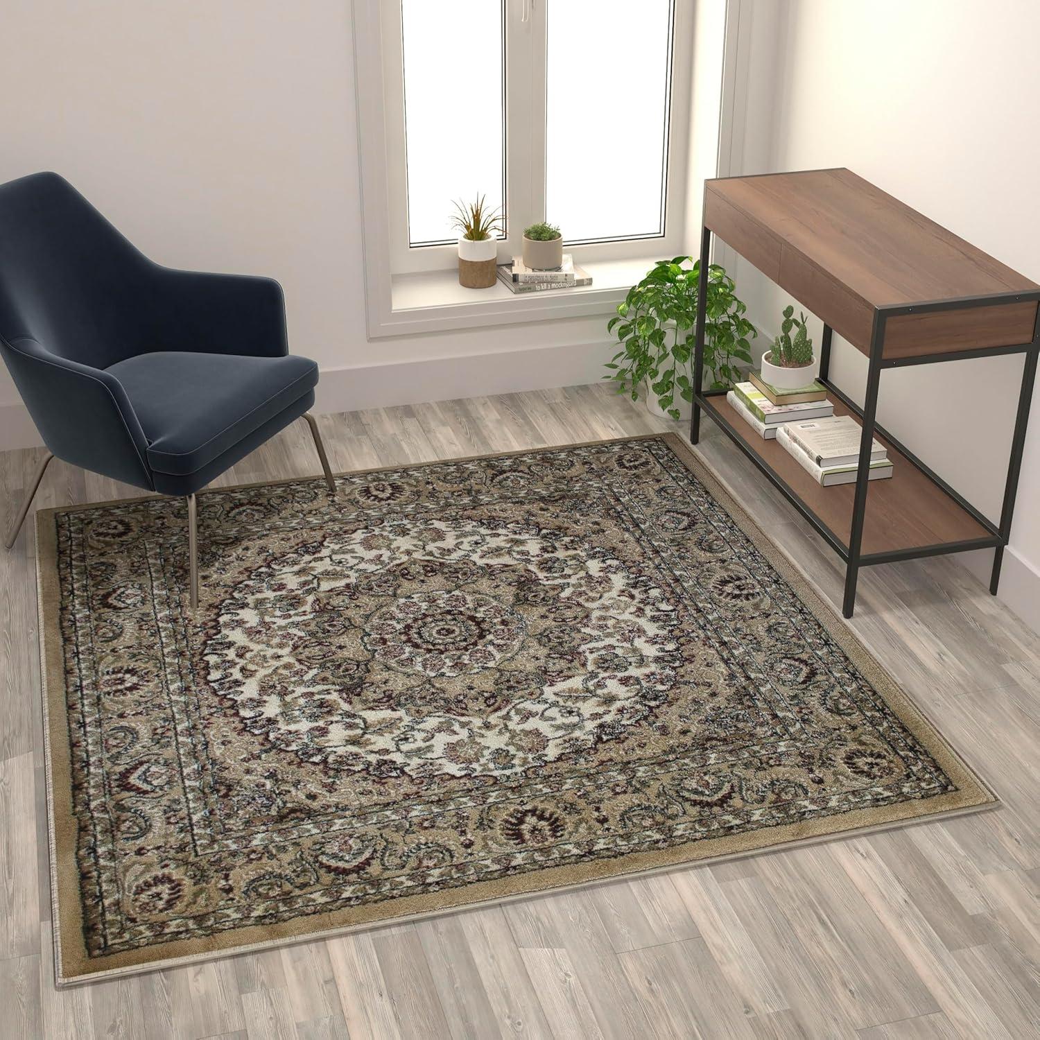image:imageFlash Furniture Mersin Collection Persian Style Area Rug Olefin Black NonShedding Fibers 4 x 4 Octagon Jute Backing Hallway Entryway Bedroom Living RoomIvory