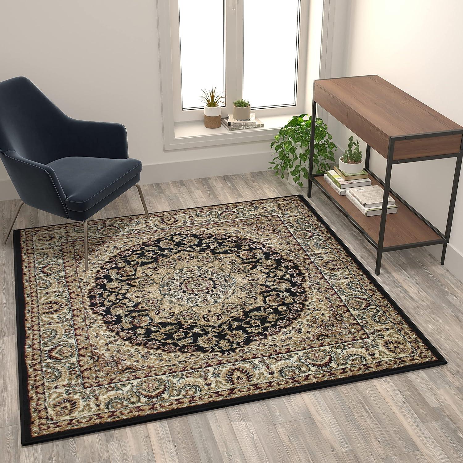 image:imageFlash Furniture Mersin Collection Persian Style Area Rug Olefin Black NonShedding Fibers 4 x 4 Octagon Jute Backing Hallway Entryway Bedroom Living RoomBlack