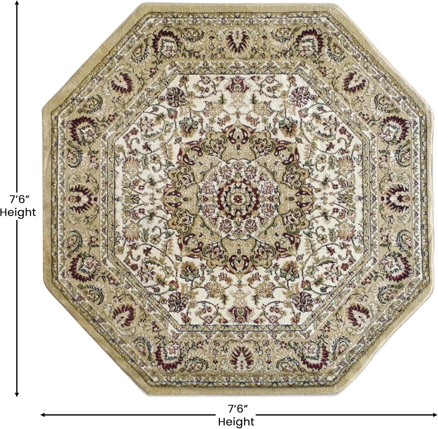 image:imageFlash Furniture Mersin Collection Persian Style Area Rug Olefin Black NonShedding Fibers 4 x 4 Octagon Jute Backing Hallway Entryway Bedroom Living RoomIvory