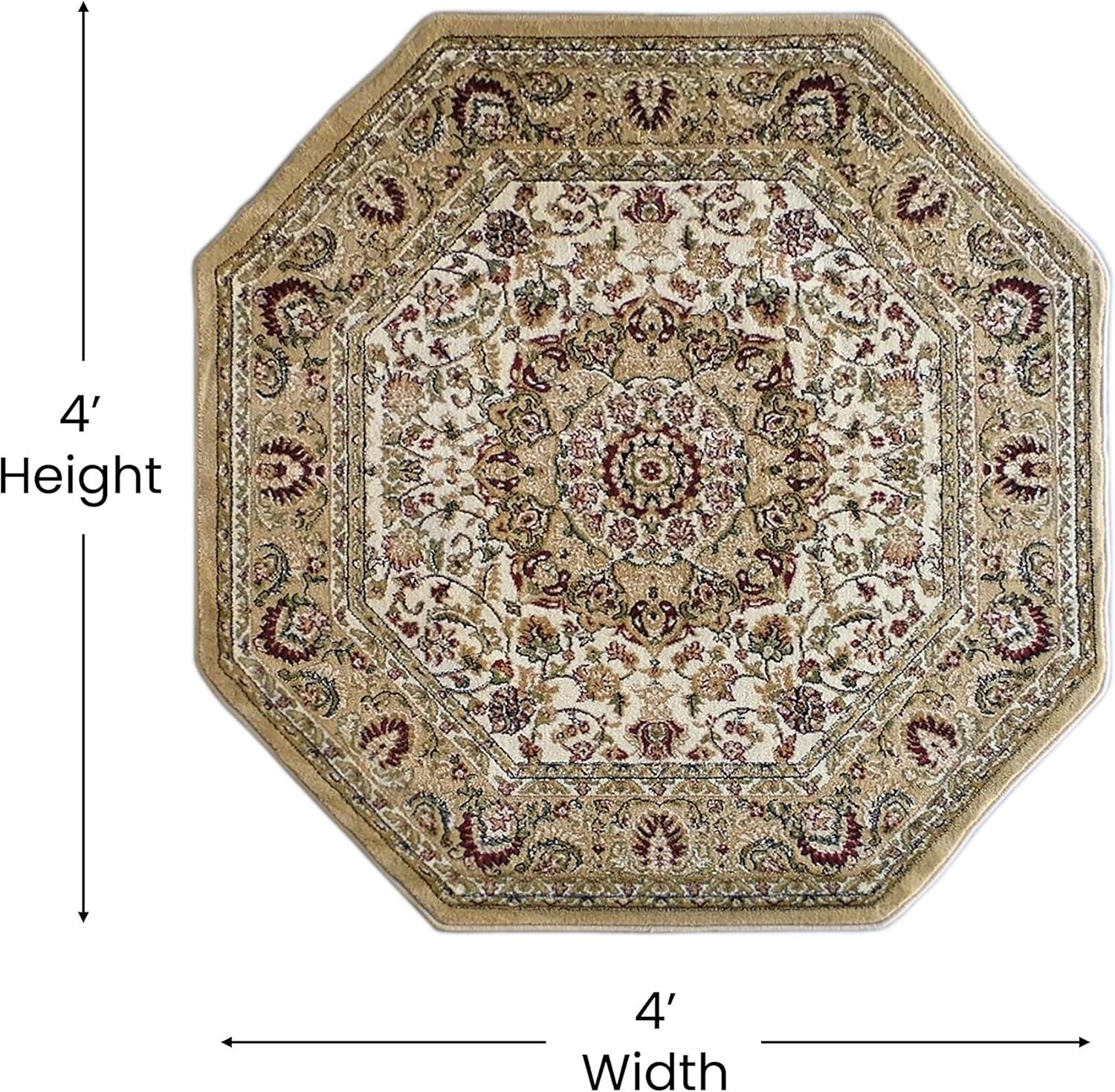 image:imageFlash Furniture Mersin Collection Persian Style Area Rug Olefin Black NonShedding Fibers 4 x 4 Octagon Jute Backing Hallway Entryway Bedroom Living RoomIvory