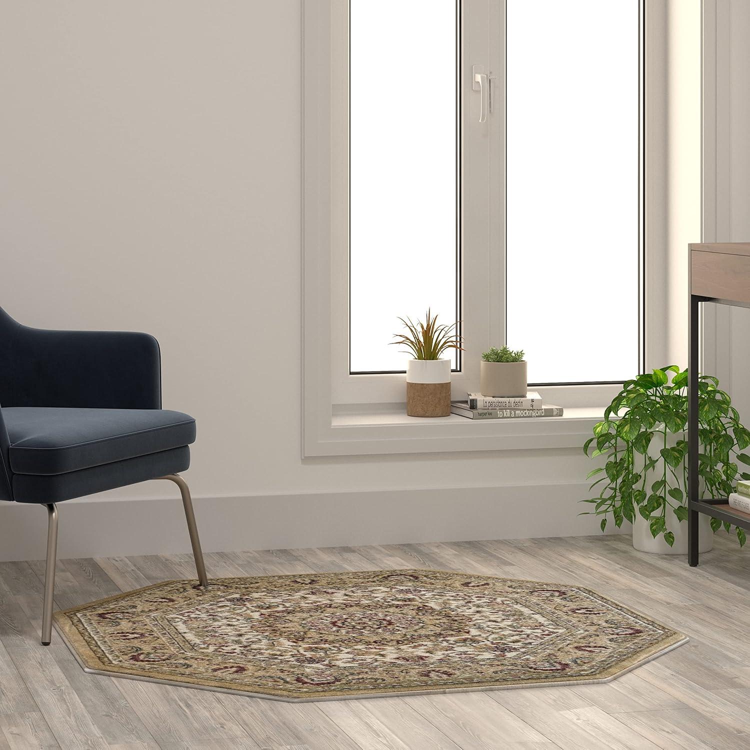 image:imageFlash Furniture Mersin Collection Persian Style Area Rug Olefin Black NonShedding Fibers 4 x 4 Octagon Jute Backing Hallway Entryway Bedroom Living RoomIvory