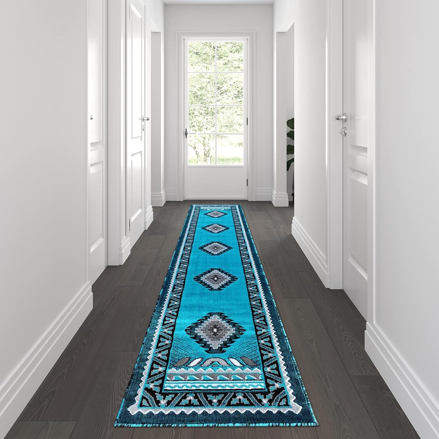 image:imageFlash Furniture Ventana Collection Southwestern Accent Rug Low Pile Hunter Green Olefin Rug 2x7 Area Rug Jute Backing Hallway Entryway Bedroom Living RoomTurquoise