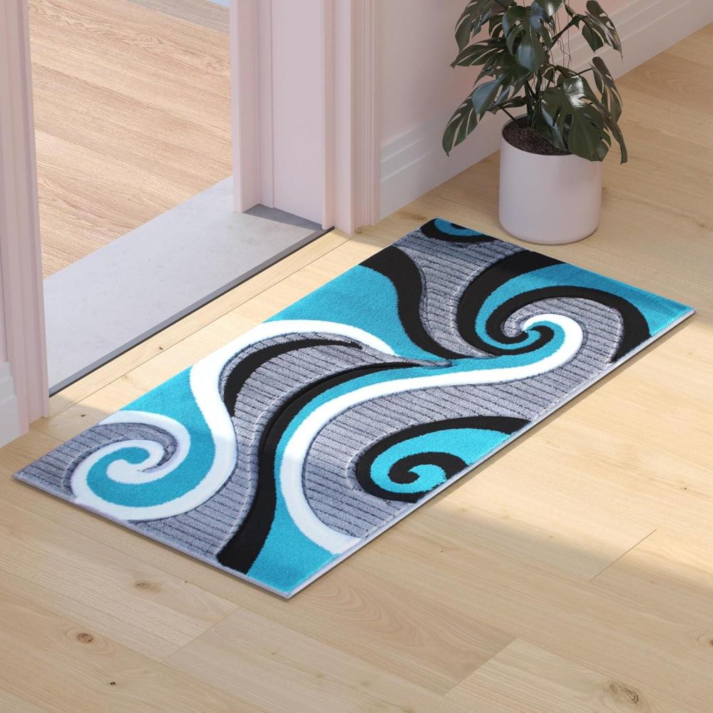 image:imageFlash Furniture Athos Collection Abstract Area Rug Sculpted HighLow Pile Turquoise Olefin Rug 3 x 16 Area Rug Jute Backing Entryway Living Room BedroomTurquoise