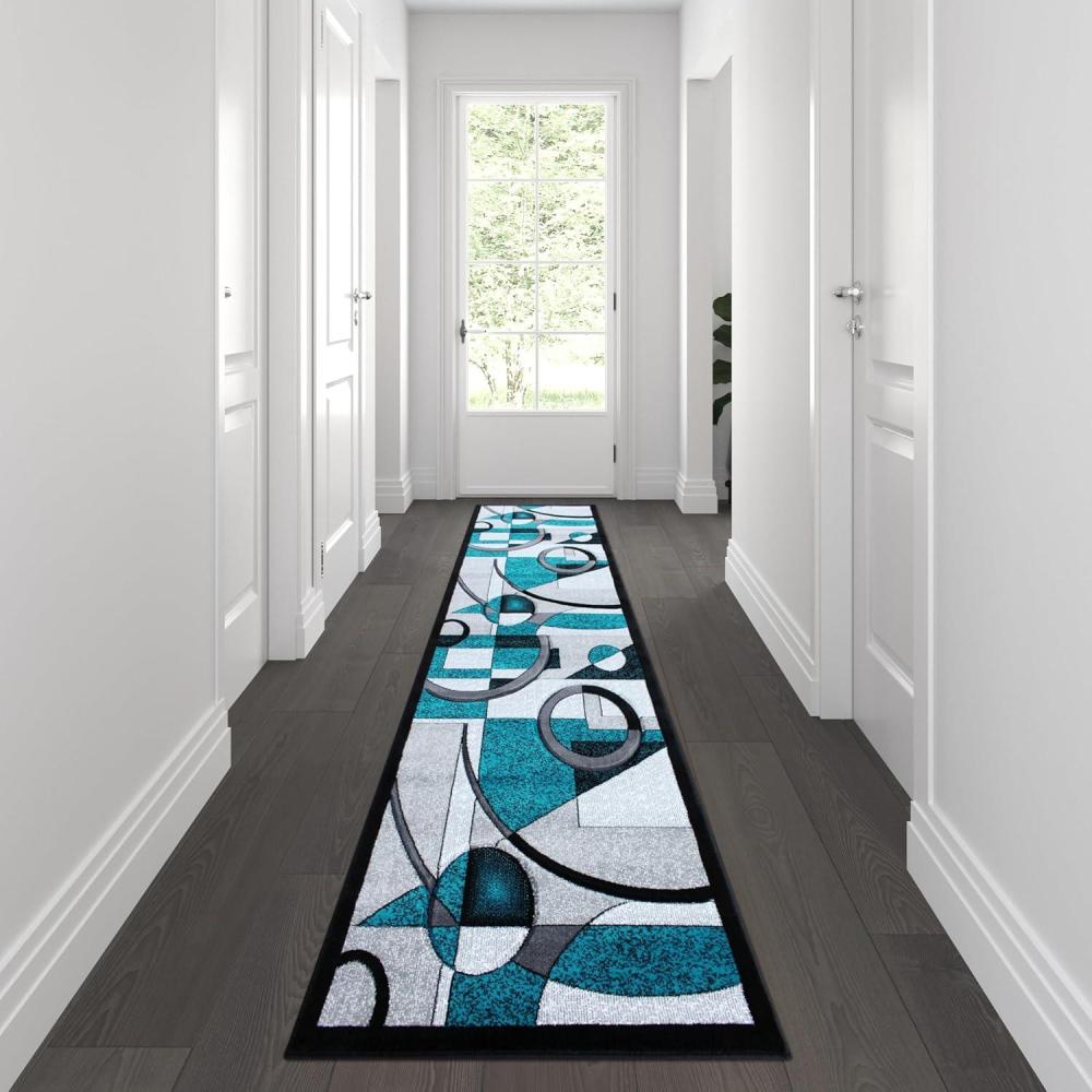image:imageFlash Furniture Elias Collection Geometric Abstract Area Rug Turquoise Olefin Rug with Jute Backing 3 x 10 Hallway Entryway or BedroomTurquoise