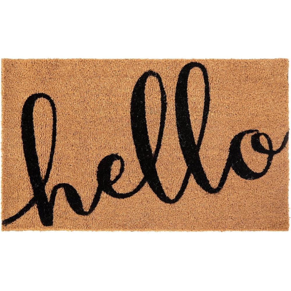 image:imageFlash Furniture Harbold IndoorOutdoor Coir Doormat  Black Background with Natural Hello Message  18 x 30  NonSlip BackingNaturalBlack