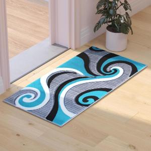 Flash Furniture Athos Collection Abstract Area Rug – Sculpted High-Low Pile Turquoise Olefin Rug – 3′ x 16′ Area Rug – Jute Backing – Entryway, Living Room, Bedroom(Turquoise)