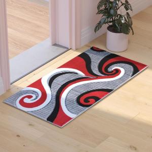 Flash Furniture Athos Collection Abstract Area Rug – Sculpted High-Low Pile Turquoise Olefin Rug – 3′ x 16′ Area Rug – Jute Backing – Entryway, Living Room, Bedroom(Red)