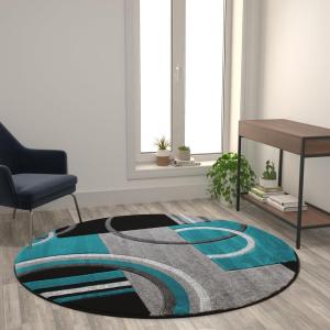 Flash Furniture Audra Collection Geometric Abstract Area Rug – High-Low Pile Turquoise Olefin Rug – 5′ x 5′ Area Rug – Jute Backing – Entryway, Living Room, Bedroom(Turquoise)