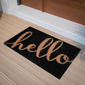 Flash Furniture Harbold Indoor/Outdoor Coir Doormat – Black Background with Natural Hello Message – 18″ x 30″ – Non-Slip Backing(Black/Natural)