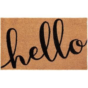 Flash Furniture Harbold Indoor/Outdoor Coir Doormat – Black Background with Natural Hello Message – 18″ x 30″ – Non-Slip Backing(Natural/Black)