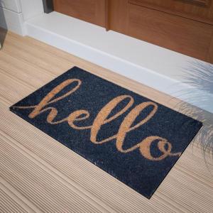 Flash Furniture Harbold Indoor/Outdoor Coir Doormat – Black Background with Natural Hello Message – 18″ x 30″ – Non-Slip Backing(Navy/Natural)