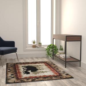 Flash Furniture Ursus Collection Rustic Lodge Wandering Black Bear & Cub Area Rug – Olefin Fibers in Brown, Beige, Black, & Green – 3′ x 10′ Accent Rug – Jute Backing(4′ x 5′ (Rectangular))