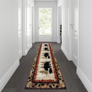 Flash Furniture Ursus Collection Rustic Lodge Wandering Black Bear & Cub Area Rug – Olefin Fibers in Brown, Beige, Black, & Green – 3′ x 10′ Accent Rug – Jute Backing(2’10” x 10′ (Rectangular))