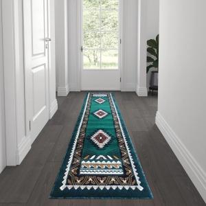 Flash Furniture Ventana Collection Southwestern Accent Rug – Low Pile Hunter Green Olefin Rug – 2×7 Area Rug – Jute Backing – Hallway, Entryway, Bedroom, Living Room(Hunter Green)